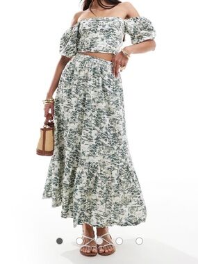 Abercrombie & Fitch co-ord linen blend tiered maxi skirt in green floral print